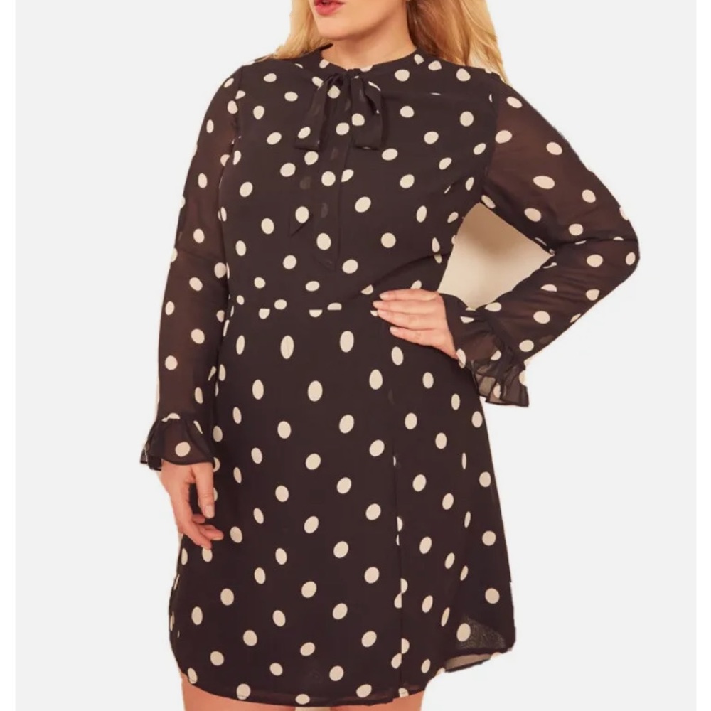 NWOT Reformation Black Fox Tie-Neck Mini Dress in Polka Dots